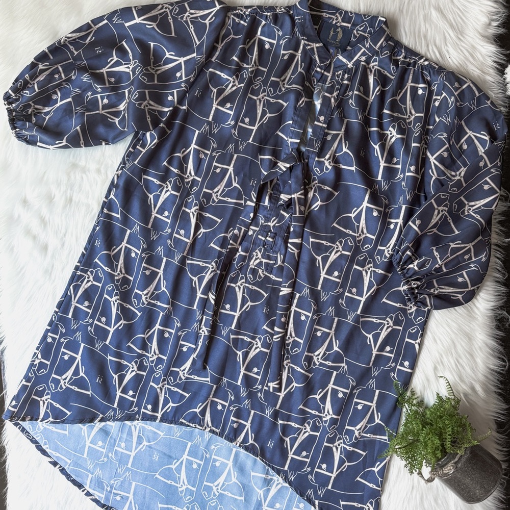 RONNER Shirt Womens S Equestrian Horse All Over Print Navy Blue Tie Front Tunic